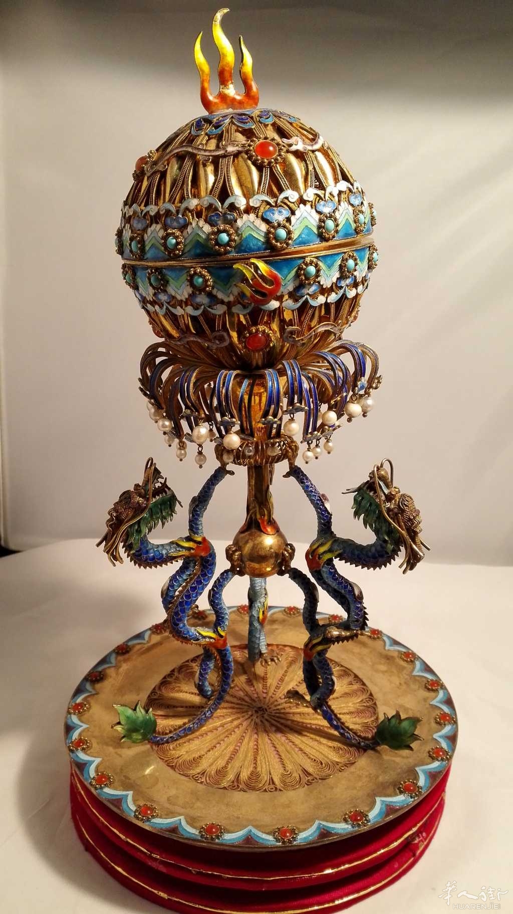 罕见 民国银烧蓝掐丝三龙戏珠 联系3289636337