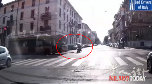 【视频】生死一瞬，米兰男子骑摩托闯红灯险些被撞死