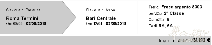 转让罗马TERMINI到BARI的火车票