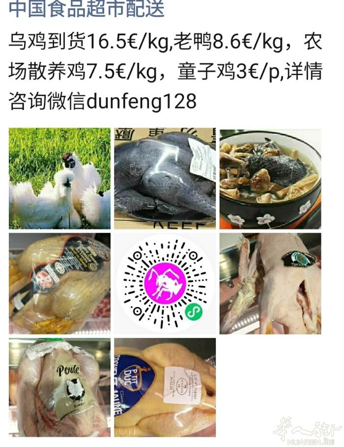 乌鸡到货16.5€/kg,老鸭8.6€/kg，农场散养鸡7.5€/kg，童子鸡3