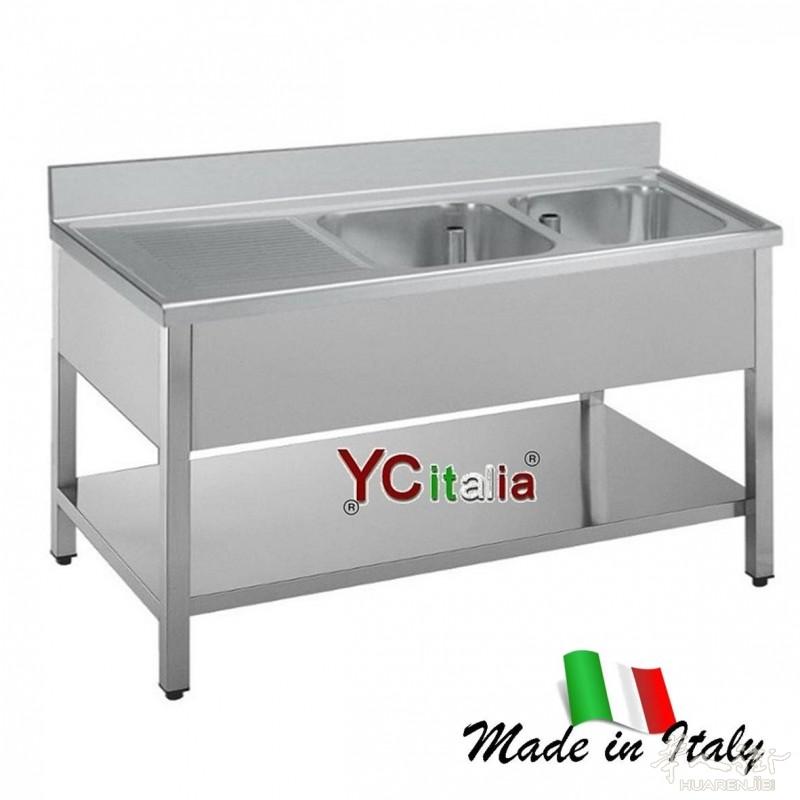 Lavello inox 700 due vasche e sgocciolatoio,Dim:1600x700x850h