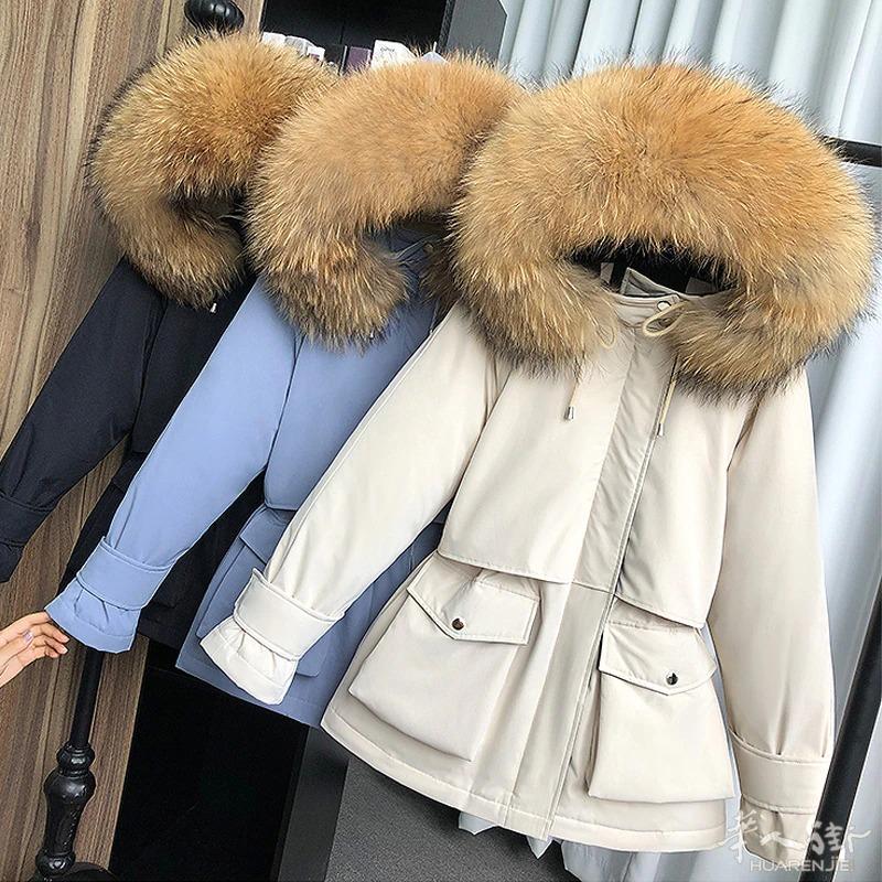 浣熊和狐狸毛女式连帽羽绒服,90% 白色鸭绒大衣,厚厚的保暖派克大衣,外套,冬季 外省可以邮寄,更多图片请加微信号 + 微信 631961275