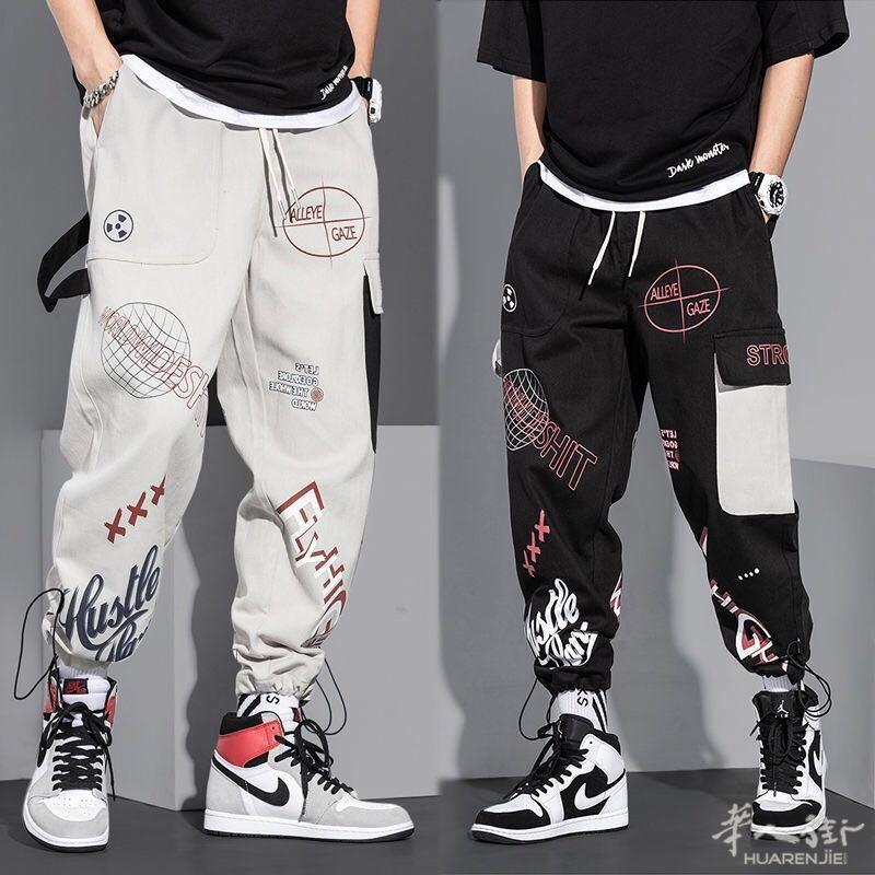 男士嘻哈工装裤韩版抽绳宽松运动服春秋时尚休闲裤  外省可以邮寄，更多图片请加微信号  + 微信 631961275
