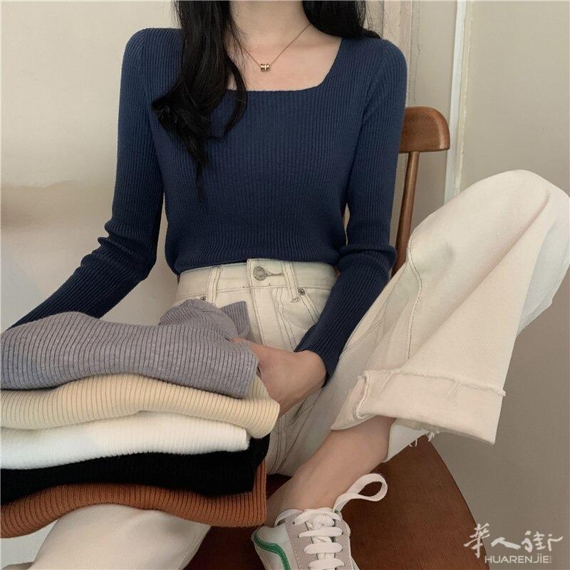 女式长袖方领黑色毛衣，薄而紧身，贴身穿着，2021 春秋新款   外省可以邮寄，更多图片请加微信号  + 微信 631961275