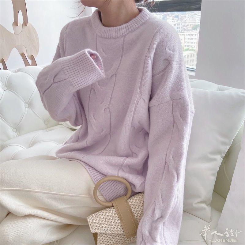 女式圆领毛衣,长袖,纯色面料,绞花针织,宽松,温暖柔软,外套,2021 年冬季新品 外省可以邮寄,更多图片请加微信号 + 微信 631961275