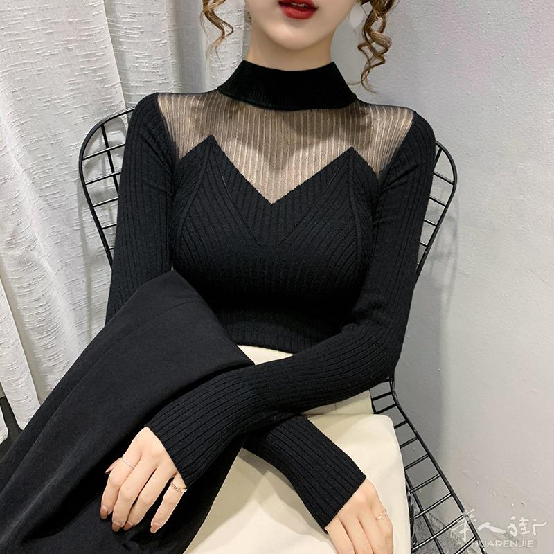 秋冬2021新款韩版半高领雕花蕾丝镂空针织打底衫毛衣女士内搭上衣 预定款三个星期到货 外省可以邮寄,更多图片加 + 微信 631961275