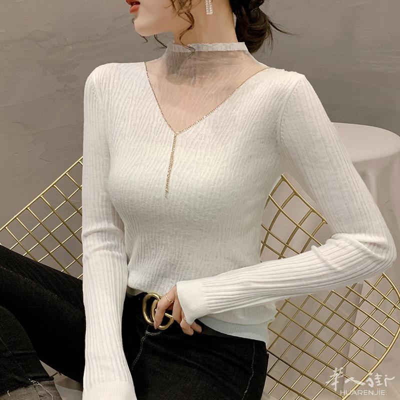 蕾丝半高领透视毛衣2021秋冬女士黑色树皮针织衫烫钻上衣打底衫女 预定款三个星期到货 外省可以邮寄,更多图片加 + 微信 631961275