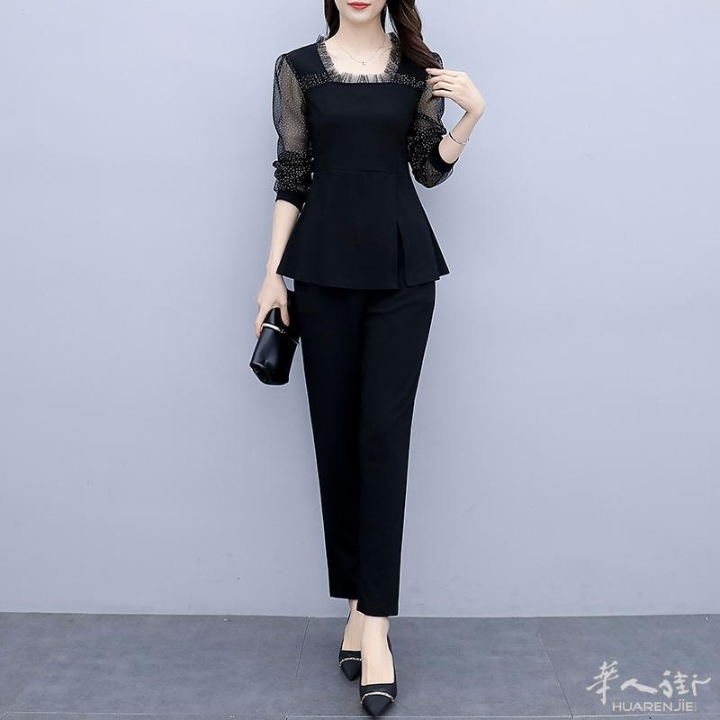 2021新款秋冬胖MM炸街大码女装修身显瘦洋气搭配网纱拼接两件套装 预定款三个星期到货 外省可以邮寄,更多图片加 + 微信 631961275