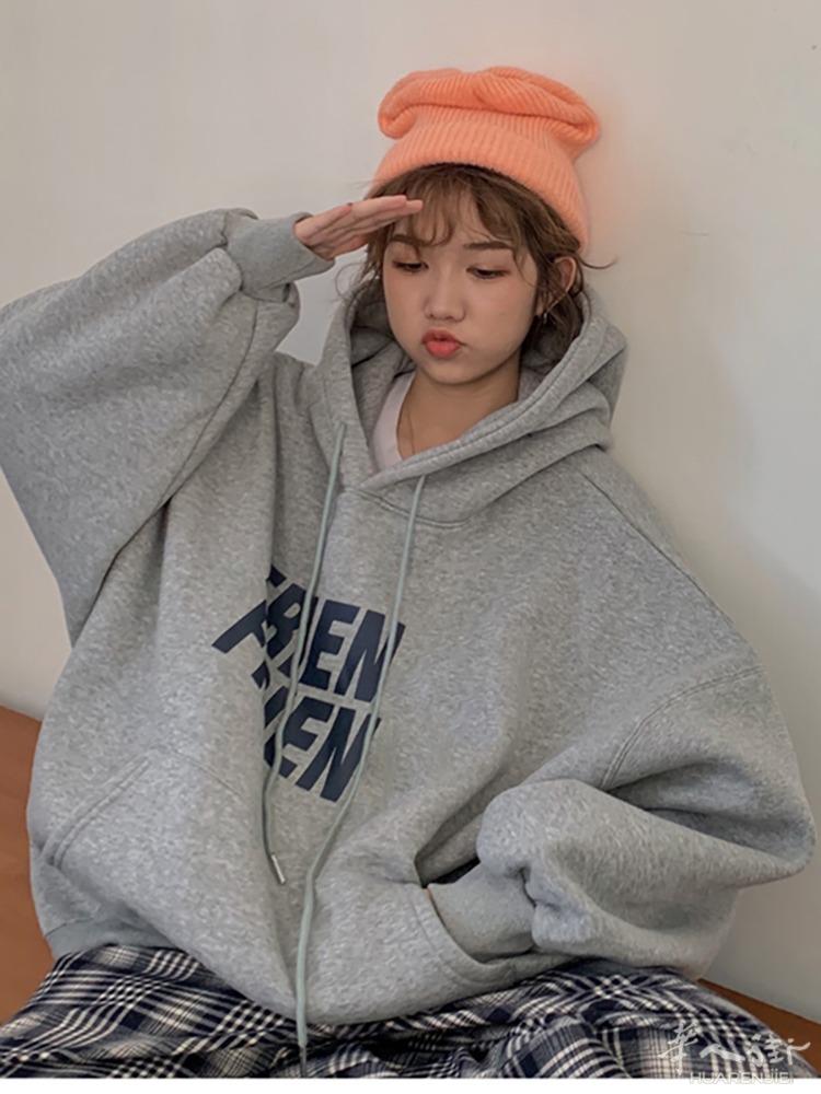 加绒连帽卫衣女秋冬2021新款加厚字母印花BF风宽松外套上衣ins潮   预定款三个星期到货 外省可以邮寄，更多图片加  + 微信 631961275