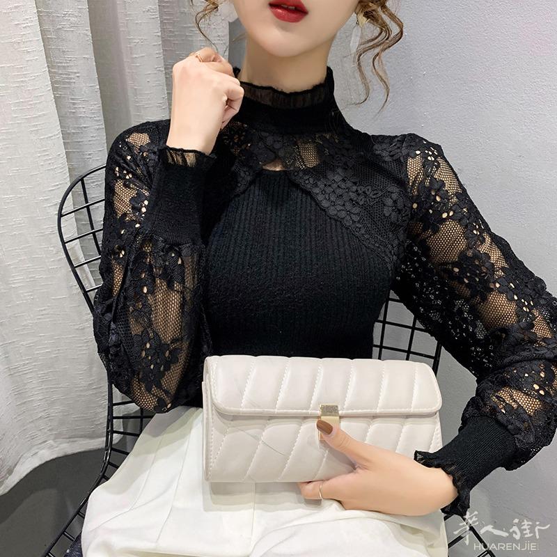 新款半高领纯色针织衫女士早春洋气雕花蕾丝长袖毛衣女显瘦打底衫 预定款 三个星期到货 外省可以邮寄,更多图片加 + 微信 631961275
