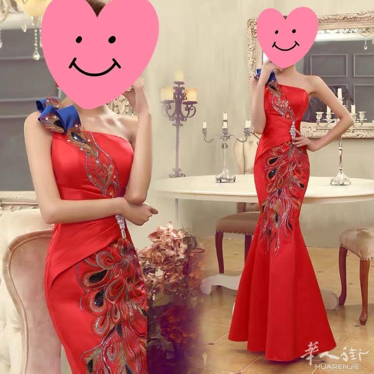 晚礼服 敬酒服 红色婚纱鱼尾斜肩全新