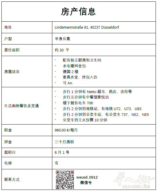 杜塞市区独立单间电梯公寓出租，可拎包入住