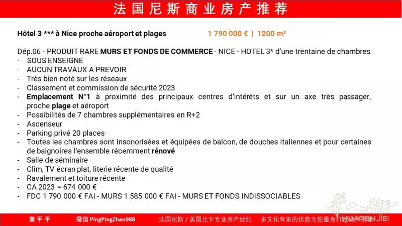尼斯近海，机场，三星级酒店，连墙出售