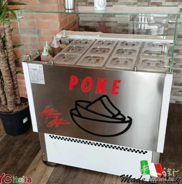Poke 冷藏柜台,配有 12 个托盘和酱料架
