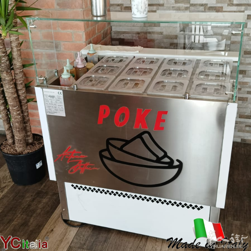 带 12 个托盘和酱料架的冷藏 Poke 站