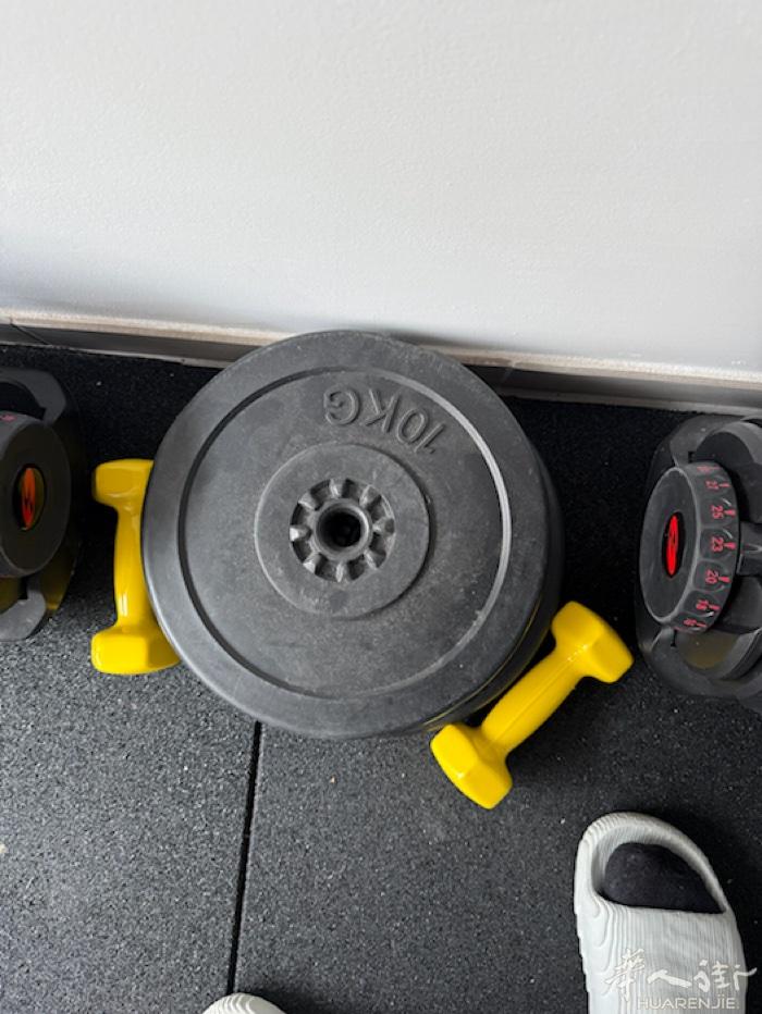 出哑铃4个手柄 有两个可以合起来组成短的杠铃.加配重48kg 一个 卧推椅。 罗