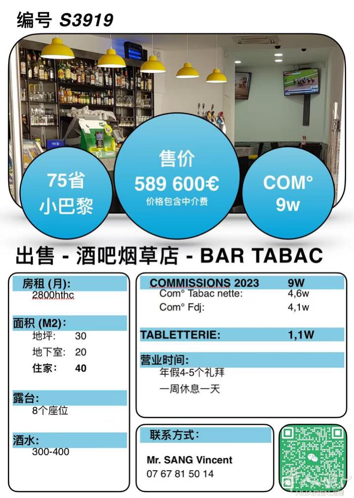 S3919 - 75省小巴黎市中心，出售bar tabac 带住家跟露台。 20
