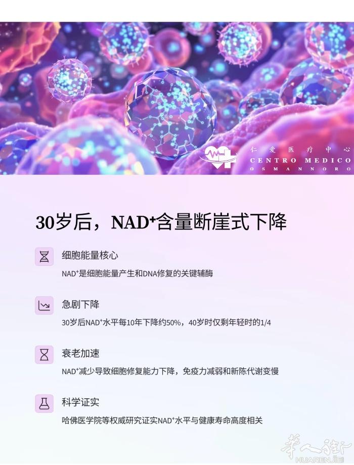 【仁爱医疗中心】NAD⁺ 🔮 📉 科研证实：30岁后，身体NAD+水平每年下