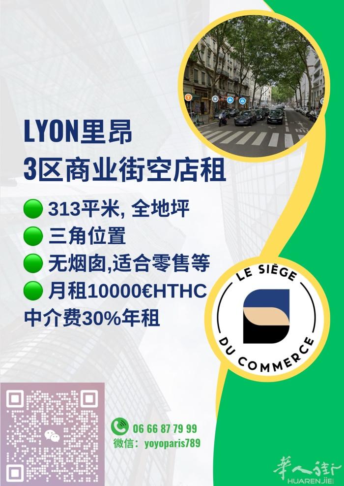 Lyon里昂3区商业街空店租 313平米, 全地坪 三角位置 无烟囱,适合零售等