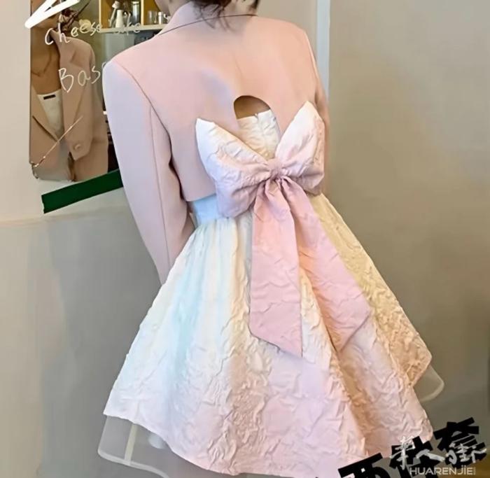 设计感后背蝴蝶结西装外套上衣小众渐变吊带连衣裙两件套女潮两件套