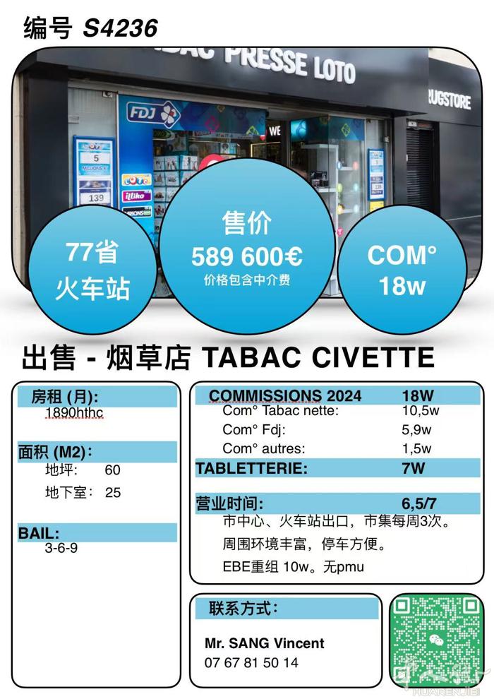 77省北部，火车站Civette 无pmu 出售。 共佣金18w：   -10,