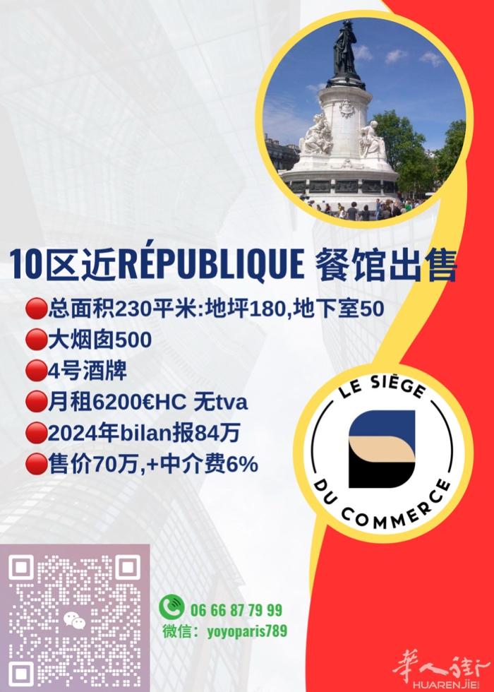 10区近République 餐馆出售 总面积230平米:地坪180,地下室50