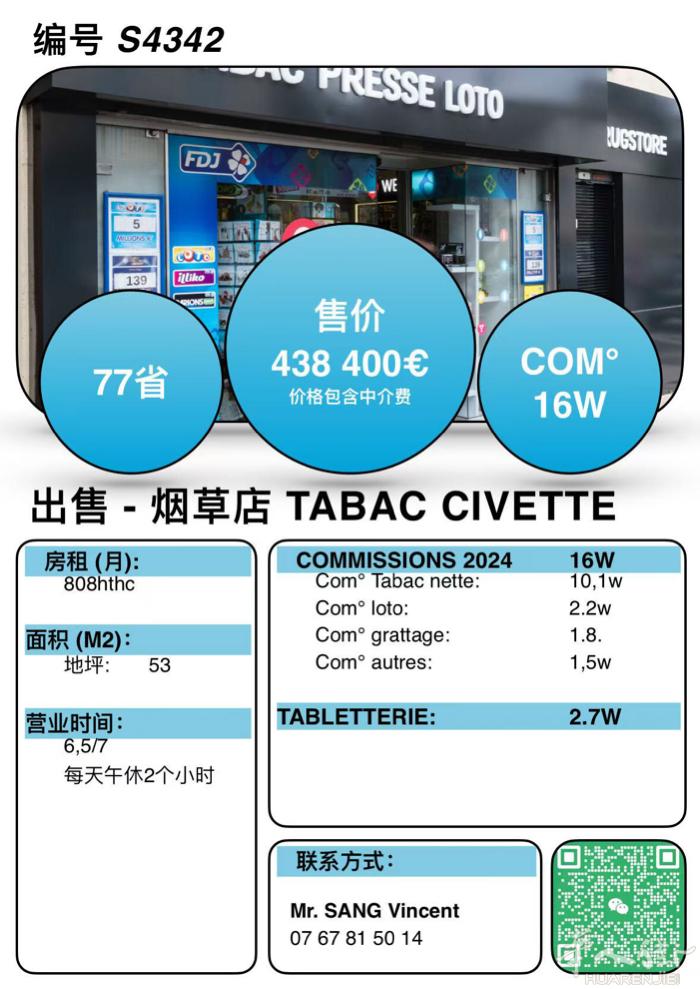 S4342- 77省 TABAC CIVETTE 2024年 ：16w comm