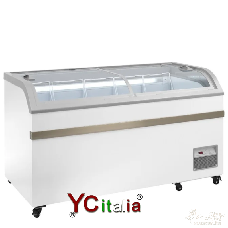 700升玻璃门卧式冷冻柜，尺寸：2000x757x858（厘米），冷藏温度：0°C 至 +8°C，冷冻温度：≤ -18°C。岛式冷冻柜内外均采用白色涂漆钢制外壳
