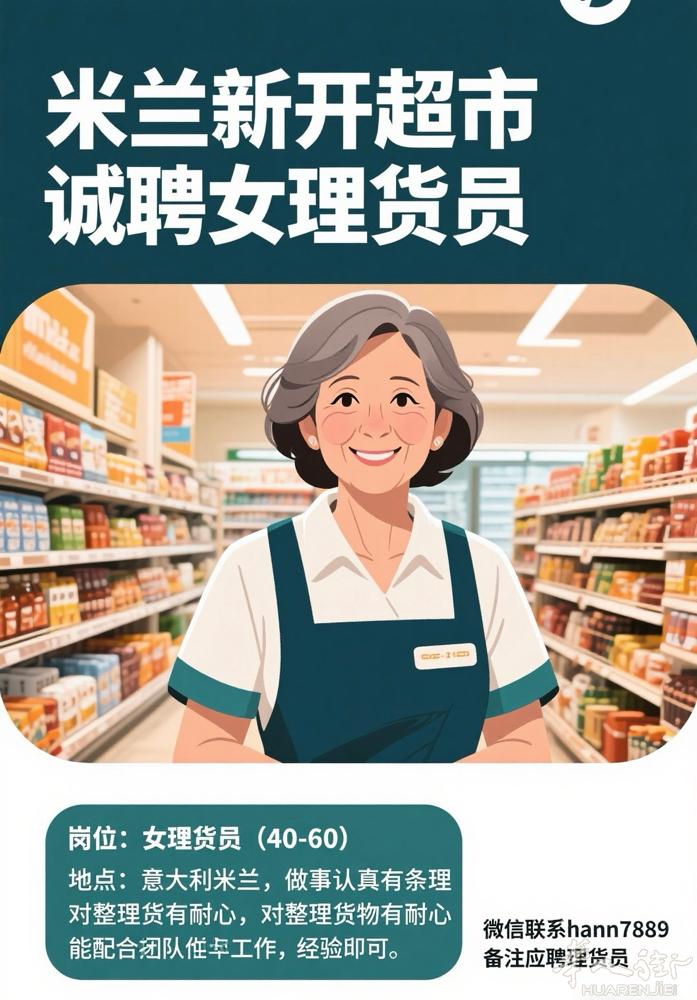 米兰周边超市招女理货员