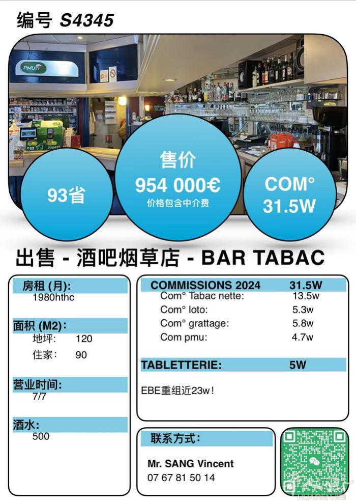 S4345- 93省 拐角BAR TABAC 带住家。 2024年 ：31.5w