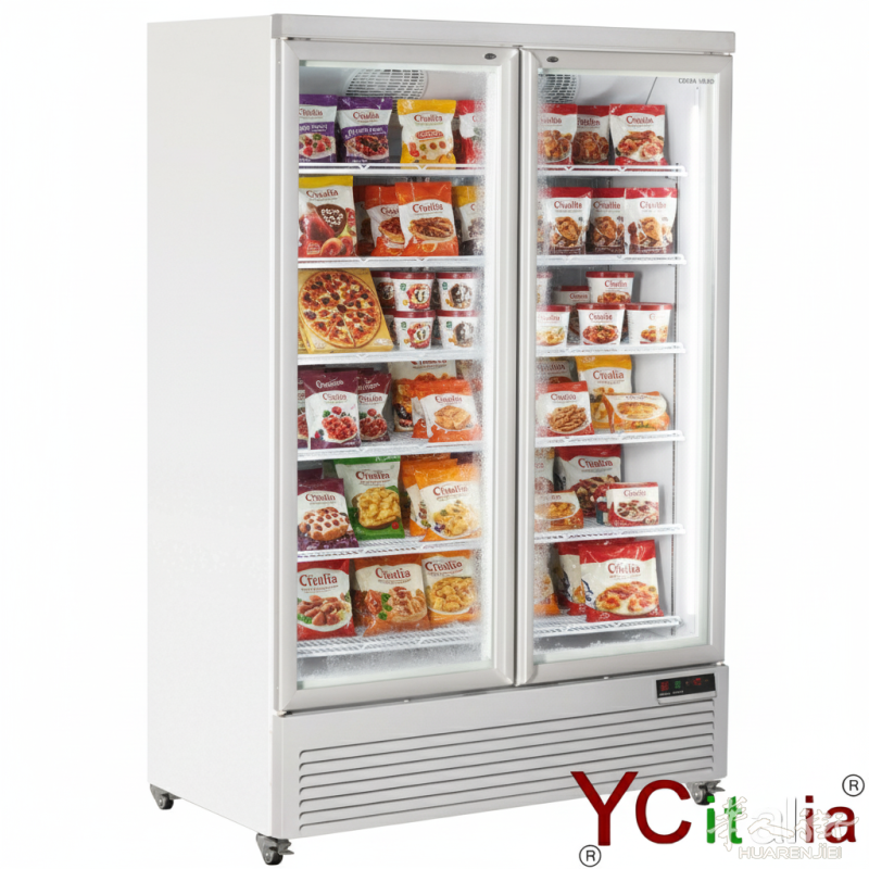 ❄️ 透明高效，锁定新鲜！Y.C. Italia 白色双门玻璃冷冻柜，您的商业展示首选！