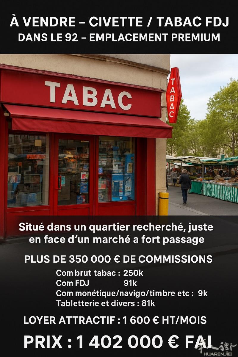 📍 À VENDRE – Civette / Tabac FDJ dans le 92 – Emplacement PremiumOpportunité rare sur secteur recherché des Hauts-de-Seine (92), située dans un quartier dynamique, juste en face d’un marché à fort passage générant un flux régulier et constant de clie