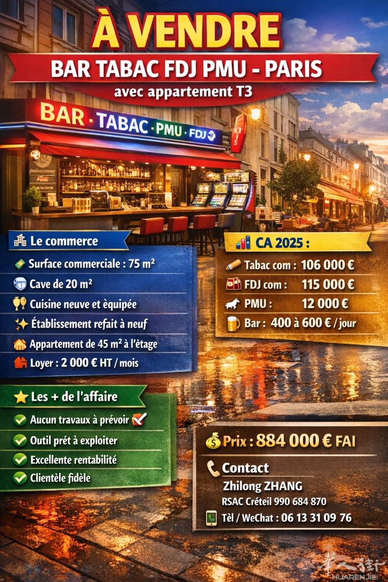 Bar tabac fdj Paris avec appartement
