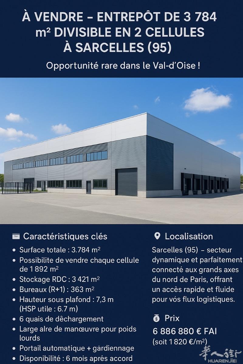 🏭 À VENDRE – Entrepôt de 3 784 m² à Sarcelles (95)Opportunité rare dans le Val-d’Oise !Cet entrepôt moderne et fonctionnel offre des volumes exceptionnels et un emplacement stratégique pour vos activités logistiques ou industrielles.📦 Caractéristique