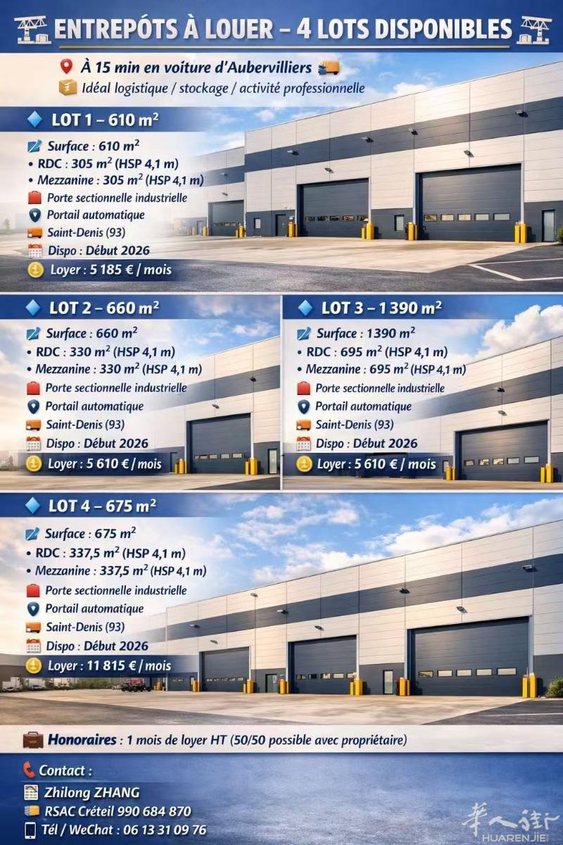 🏗️ ENTREPÔTS À LOUER – 4 LOTS DISPONIBLES 🏗️📍 À 15 min en voiture d’Aubervilliers 📦 Idéal logistique / stockage / activité professionnelle