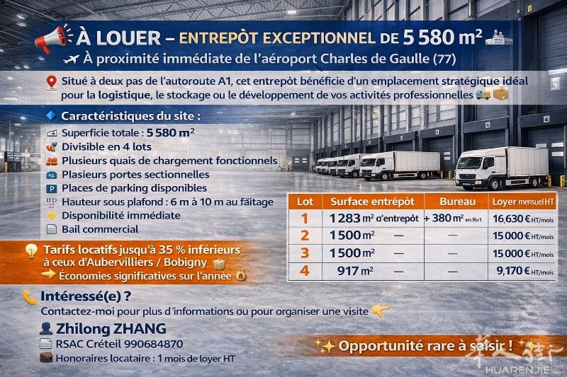 📣 **À LOUER – ENTREPÔT EXCEPTIONNEL DE 5 580 m²** 🏭✈️ **À proximité immédiate de l’aéroport Charles de Gaulle (77)**📍 Situé à deux pas de l’autoroute **A1**, cet entrepôt bénéficie d’un **emplacement stratégique** idéal pour la **logistique**, le **s