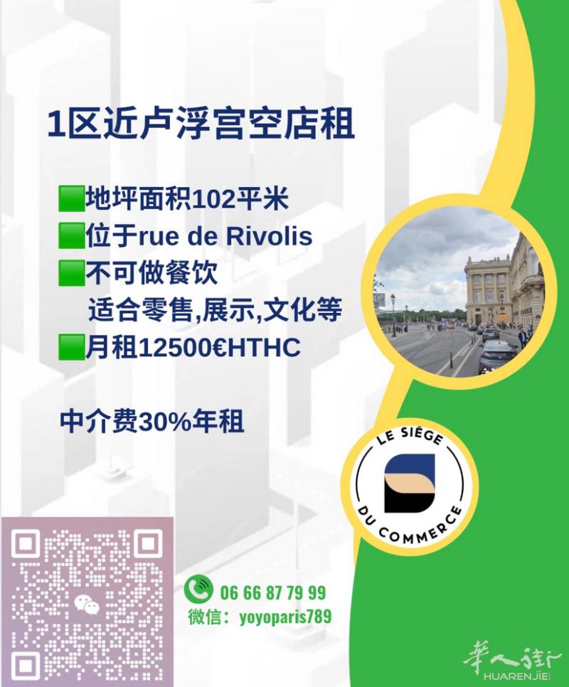 1区近卢浮宫空店租 地坪面积102平米 位于rue de Rivolis 不可做