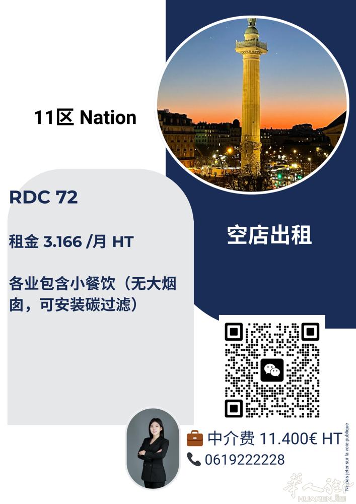 巴黎11区 NATION. 空店出租。 RDC 72。3166€月。