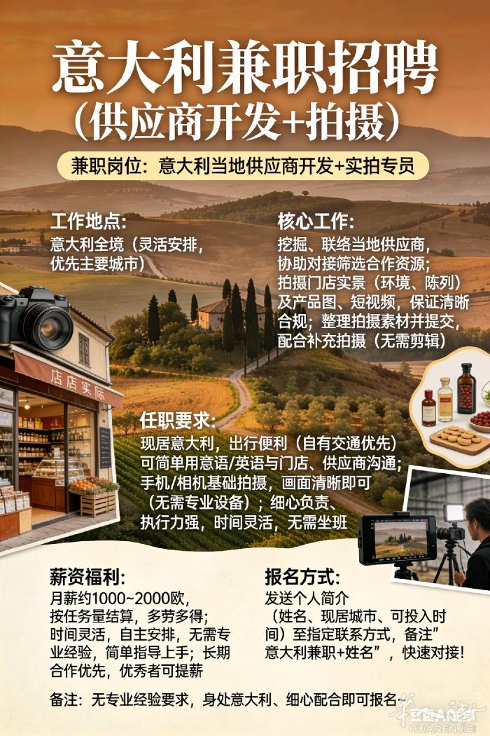 意大利招聘兼职，或全职 优先华裔，需要意大利语沟通流利英文沟通流利 其余没什么要