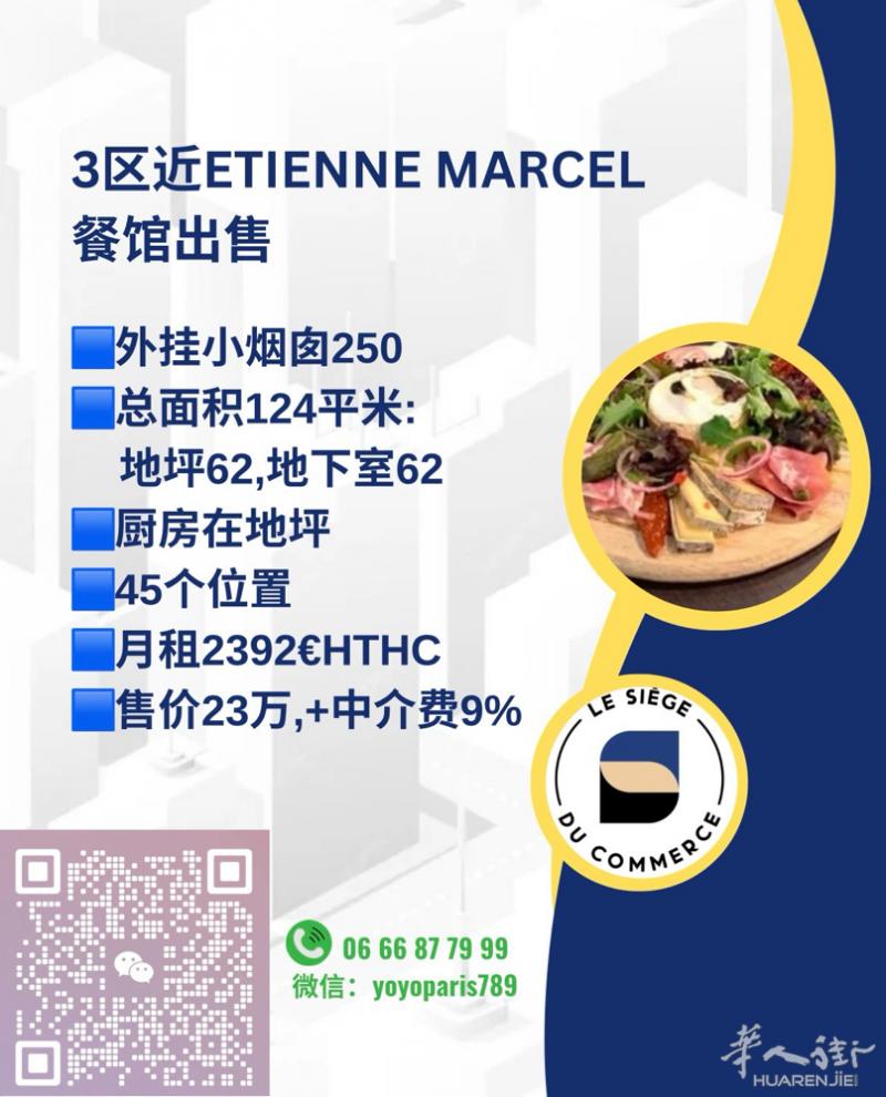 3区近Etienne Marcel餐馆出售 外挂小烟囱250 总面积124平米: