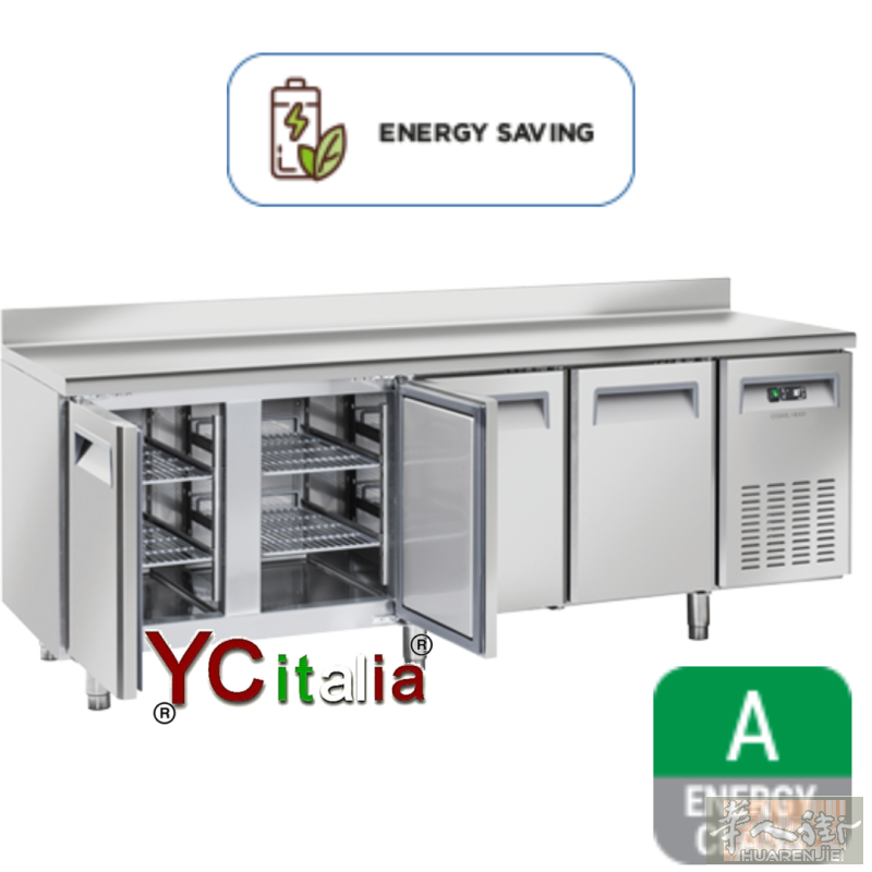 A级四门通风式冷藏柜，温度范围-2℃至+8℃，尺寸为2250x700x950毫米（高）。不锈钢材质，配有可调节支脚、不锈钢防溅板和GN 1/1标准内部搁架。意大