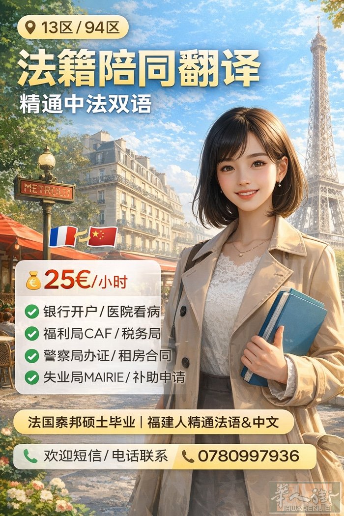 📍13区 / 94区陪同翻译｜法籍｜中法双语母语级  💰 收费： 陪同翻译：