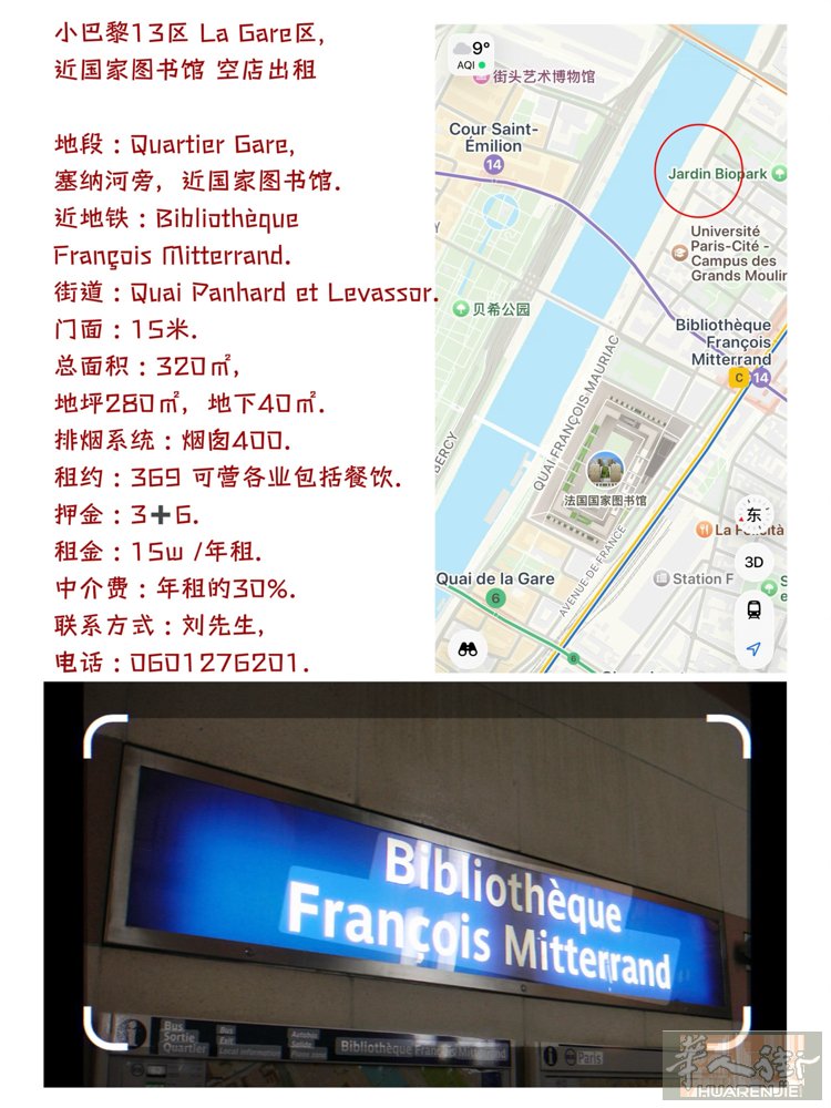 小巴黎13区 La Gare区,  近国家图书馆 空店出租  地段 : Quar