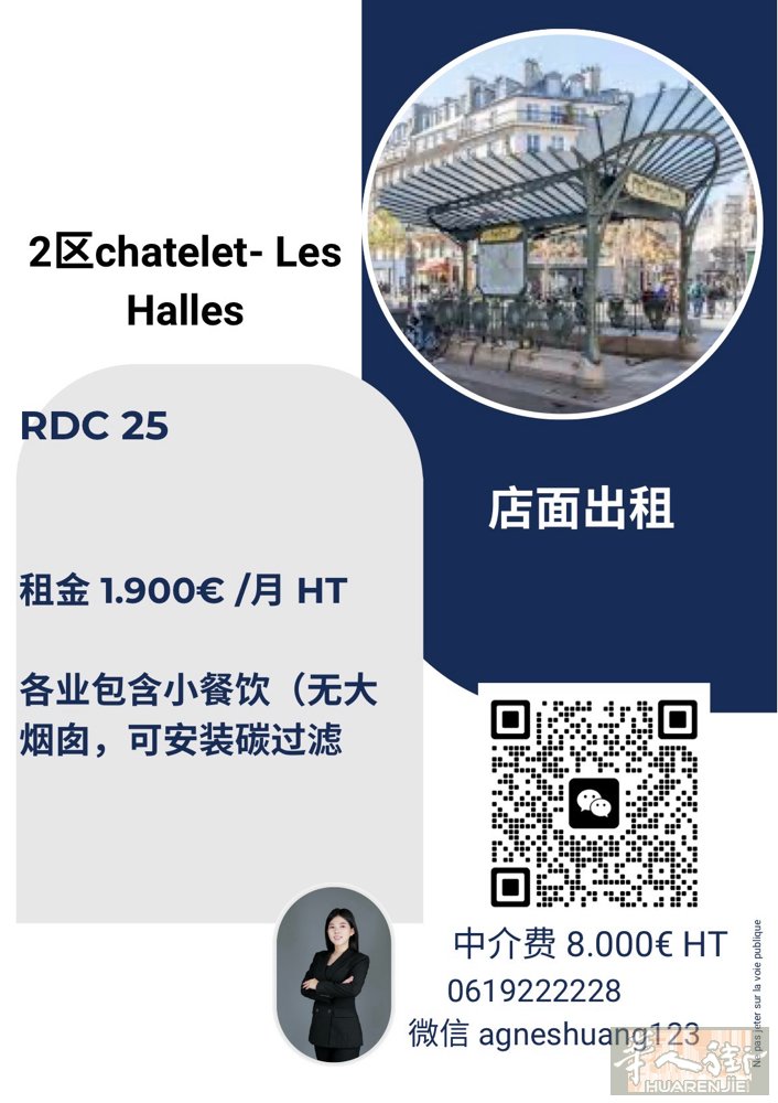巴黎2区。Les halles/Chatelet. 1900€ht 月。25方米