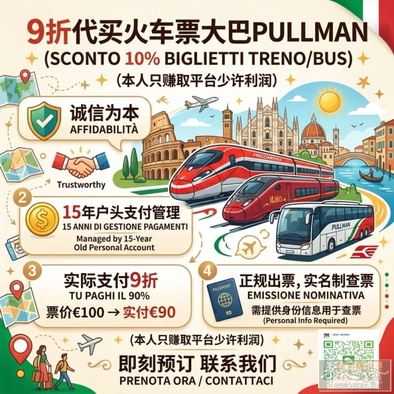 在意大利打拼不易，全境火车/大巴票长期9折代买，只做良心生意 各位街友大家好，