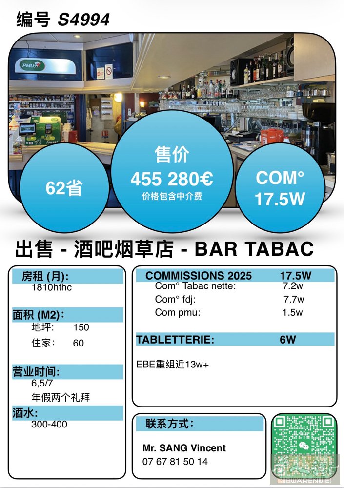 S4994- 62省 BAR TABAC靠近LILLE 2025年 ：17.5w