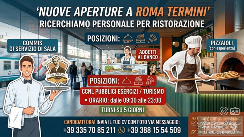 Proposta di colloquio – Nuove aperture Roma TerminiSiamo alla ricerca di personale da inserire in due nuove attività di ristorazione di prossima apertura presso la "Terrazza" Termini: la prima prevista per fine marzo e la seconda tra fine a