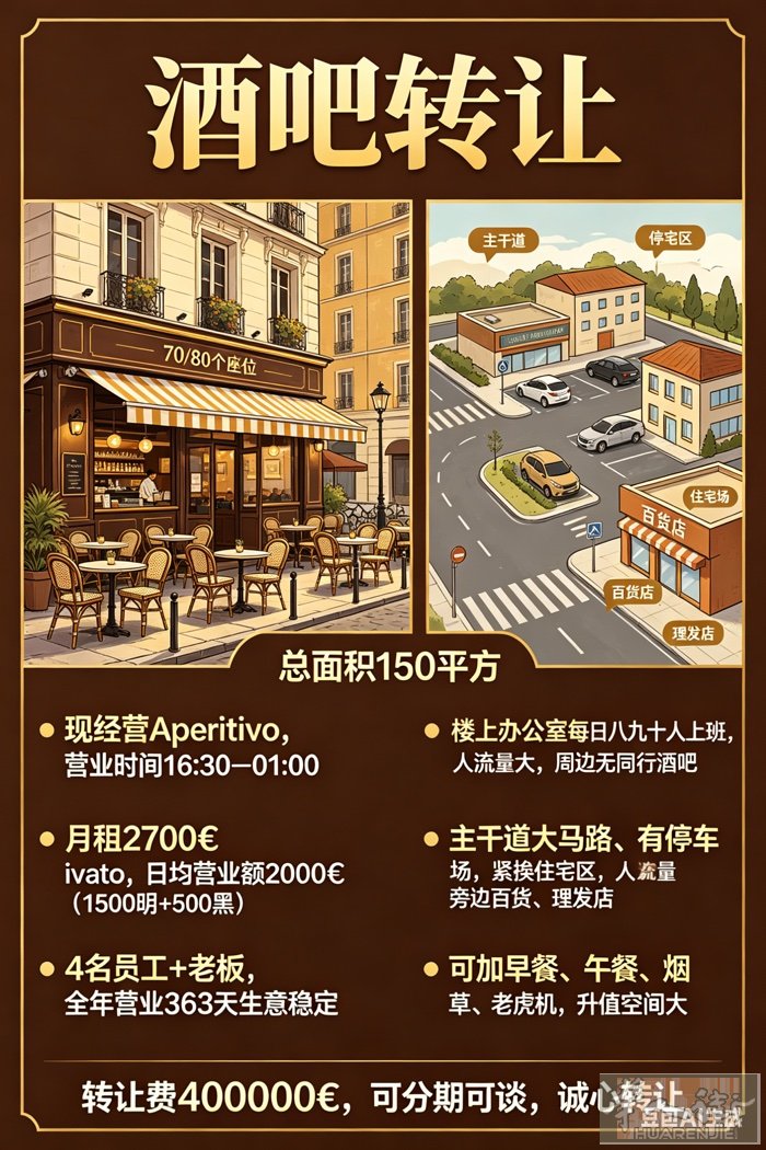 parma酒吧转让  总面积150平方，室内70/80座位，户外150座。 现只