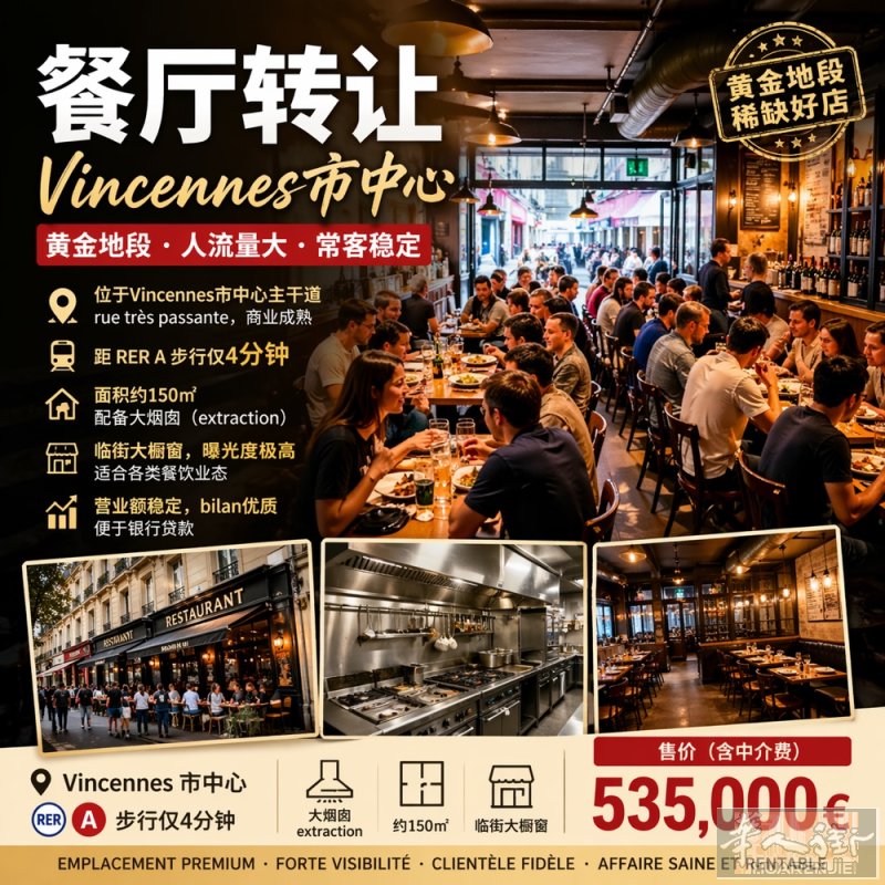 饭店转让 - Vicennce 市中心 - 主路 - Bilan好可贷款 - R