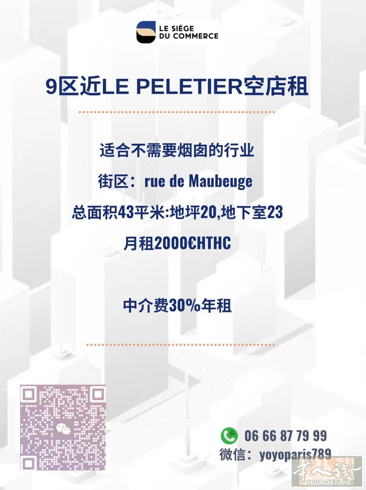 9区近Le Peletier空店租 适合不需要烟囱的行业 街区：rue de M